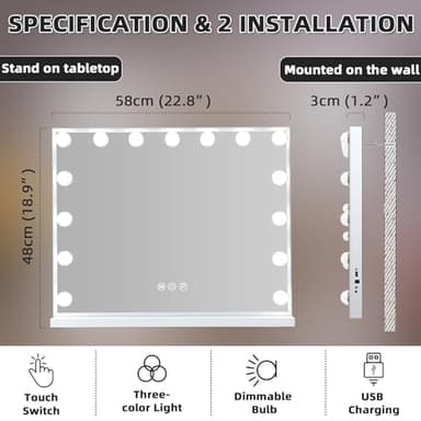 MISAVANITY Vanity Mirror with Lights Tempered Galss Hollywood Vanity Makeup Mirror with 15 LED Bulbs 22.8"x 18.1" USB Charge Port and Dimmable 3 Color Lighting for Tabletop Wall-Mounted, White - Image 3
