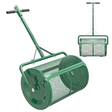 Seeutek Compost Spreader - 24" Peat Moss Spreader with 3 Heights, Top Soil Spreader W/Upgraded Side Latches Support Rod Powder Coated Metal Mesh Top Dressing Spreader for Lawn, 2 Way Uses-Push or Tow - Image 1