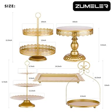 ZUMELER Gold 5Pcs Cake Stands Set Metal Round Cupcake Holder Cookies Dessert Display Plate Serving Tower Tray Platter with Handl for Baby Shower Wedding Birthday Party Celebration - Image 2