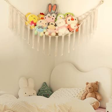 Stuffed Animal Hammock Corner, Hand-knitted Large Plushie Net Toy Hammock with Wooden Rings | Boho Cute Stuff Animal Storage for Nursery & Bedroom | Mesh Kids Toy Organizer Holder Nursery Room Decor - Image 5