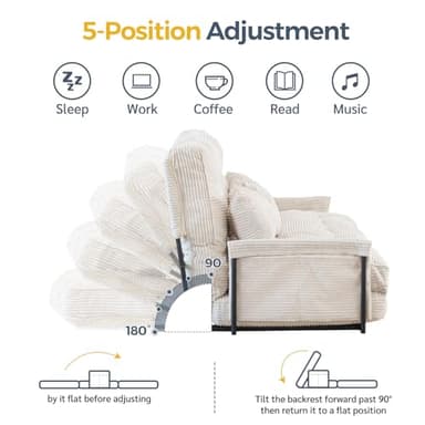 MAXYOYO Adjustable Floor Sofa Couch with 2 Pillows, Multi-Functional Bean Bag Bed, 5-Position Foldable Lazy Sofa Sleeper Bed with Armrest Versatile Floor Seating for Reading Gaming, Beige, Double - Image 2