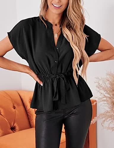 Womens Button Down Blouses Casual Peplum Summer Tops Dressy Chiffon Work Blouse Black - Image 4