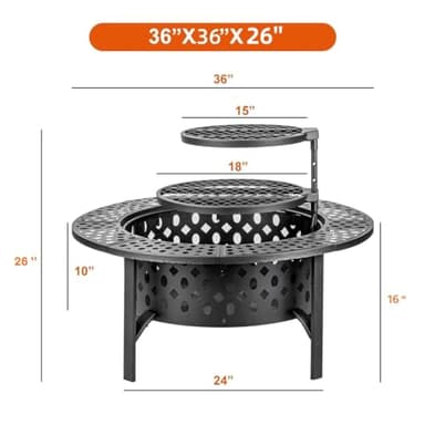OutVue 36 Inch Fire Pit with 2 Grills, Wood Burning Fire Pits for Outside with Lid, Poker and Round Waterproof Cover, BBQ& Outdoor Firepit & Round Metal Table 3 in 1 for Patio, Picnic, Party - Image 5