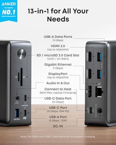 Anker Laptop Docking Station, 13-in-1 USB-C Docking Station, Triple Display with 2 x 4K HDMI and 1 x DP, 85W Charging for Laptop, 10 Gbps USB-C and 5 Gbps USB-A Data, Ethernet, Audio, SD - Image 2
