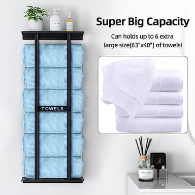 STWWO Bathroom Towel Storage Rack, Towel Racks for Bathroom Wall Mounted 30 inch with Shelf Can Holds 6 Large Towels, Wall Towel Rack for Rolled Towels, Black - Image 3