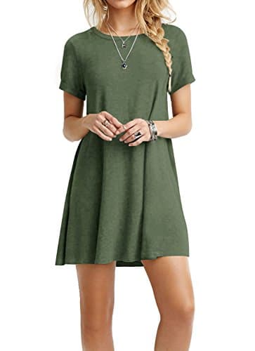 TOPONSKY Casual Short Sleeve Tshirt Dress Plain Loose Petite Army Green,XS - Image 1