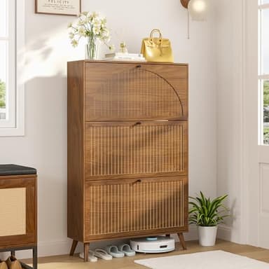 Fsbecl Shoe Storage Cabinet for Entryway with 4 Flip Drawers, Narrow Shoe Organizer with Fluted Panel, Freestanding Wood Hidden Shoe Cabinet for Foyer, Hallway (Walnut, 3 Flip Drawers) - Image 6