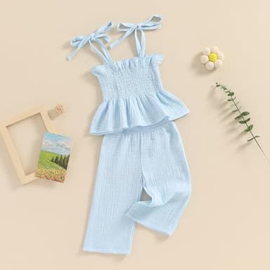 VISGOGO Infant Baby Toddler Girls Clothes Solid Color Sleeveless Camisole Linen Pants Set Baby Summer Outfits (Blue, 12-18 Months) - Image 4