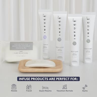 Infuse Pure White Tea and Coconut Hotel Soaps and Toiletries Bulk Set | 1-Shoppe All-In-Kit for Airbnb | 1oz Shampoo & Conditioner, Body Wash, Lotion & 1.25oz Bar Soap | Travel Size 150 Pieces - Image 2