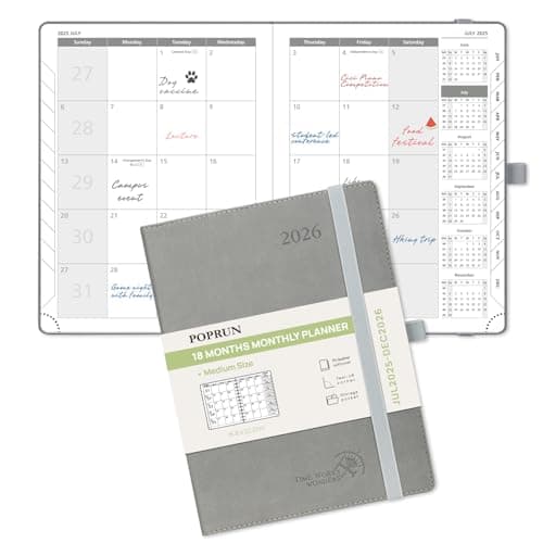 POPRUN Monthly Planner 2025-2026 (Medium- 6.5'' x 8.5'' Soft Cover), 18-Month Calendar Book (Jul.2025-Dec.2026), Calendar Planner with Monthly Tabs & Pocket, 100 GSM Paper - Grey - Image 1