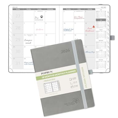 POPRUN Monthly Planner 2025-2026 (Medium- 6.5'' x 8.5'' Soft Cover), 18-Month Calendar Book (Jul.2025-Dec.2026), Calendar Planner with Monthly Tabs & Pocket, 100 GSM Paper - Grey - Image 1