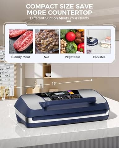 95kpa Vacuum Sealer Machine, Commercial Full Automatic Food Sealer, Vacuum Sealer for Food with Cutter, 10 Pre-cut Bags & Bag Rolls and Accessory Hose, Fully Starter Kits, Dark Blue - Image 6