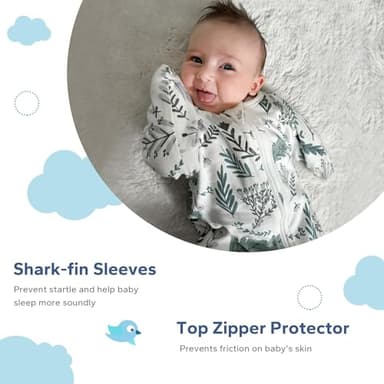 ZIGJOY Shark-Fin Transition Swaddle - 1.0 Tog Baby Sleep Sack Soft Cotton Transitional Swaddle Baby Wearable Blanket with 2-Way Zipper for All Seasons, Green&Leaf, 6-12 Months - Image 3