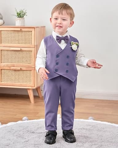 YALLET Toddler Baby Boy Clothes Suit Gentleman Wedding Outfits, Formal Dress Shirt+Bowtie+Vest+Boutonniere+Suspender Pants(V Light Purple, 18-24 Months) - Image 3