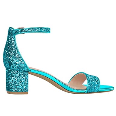 PIZZ ANNU Women's Low Block Heels Sandals Chunky Open Toe Ankle Strap Sparkly Wedding Dress Pump Shoes For Women Brides Ladies,Blue Sequin 9 - Image 6