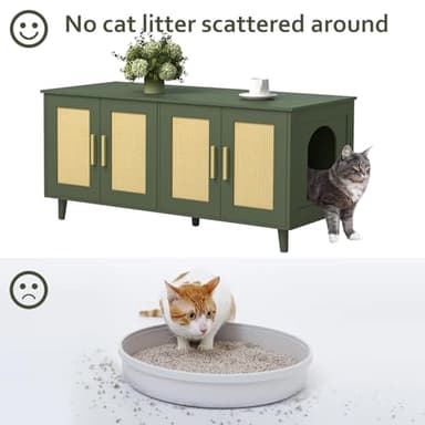 Homhedy Boho Cat Litter Box Enclosure for 2 Cats, Wooden Cat Washroom Furniture with Double Rattan Decorated Doors, Pet House,47.2”L x 19.7”W x 21.7”H, Green - Image 3