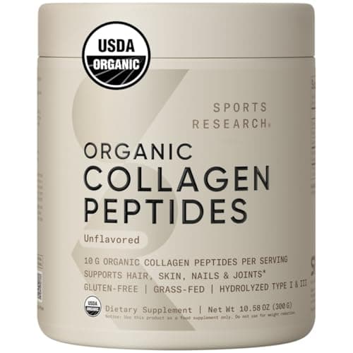 Sports Research Organic Collagen Peptides - Hydrolyzed Type I & III Collagen Protein Powder Made Sustainably from Grass-Fed Cows - Unflavored - 30 Servings - Image 1