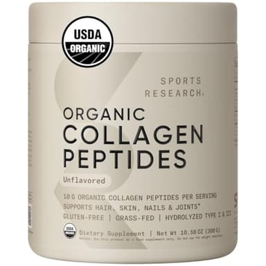 Sports Research Organic Collagen Peptides - Hydrolyzed Type I & III Collagen Protein Powder Made Sustainably from Grass-Fed Cows - Unflavored - 30 Servings - Image 1