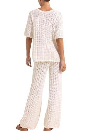 Imily Bela Women's 2 Piece Knit Vacation Outfits Summer Beach Cardigan Top and Drawstring Long Pants Pajama Set Loungewear - Image 5