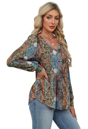 Alaroo Plus Size Tops for Women Blouses Maternity Shirts 2025 Fall Winter Clothes Boho Fashion Outfits V Neck Print 10 2XL - Image 4