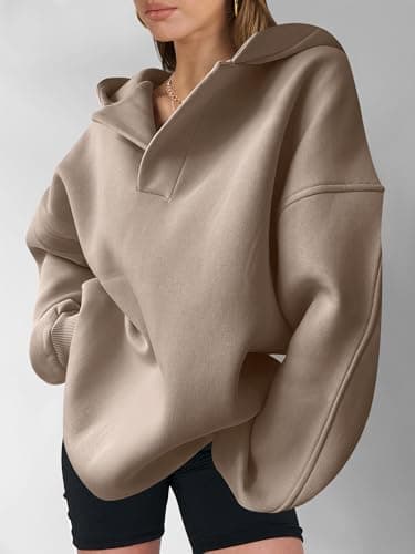 ANRABESS Womens Oversized Hoodies V Neck Sweatshirts Fleece Long Sleeve Pullover Y2K Clothes 2025 Fall Trendy Outfits Coffee Grey XXL - Image 4
