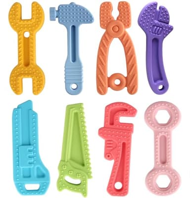 Fu Store 8 Pack Soft Silicone Teething Toys for 0-12Months 6-24 Months Toddlers Infant Hammer Tools Shape Baby Teethers Relief Soothe Babies Gums Set - Image 1