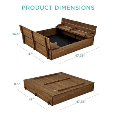 Best Choice Products Kids' Outdoor Wooden Sandbox Large, Cedar Wood with Foldable Bench Seats and Sand Protection, Bottom Liner Included - Walnut - Image 2