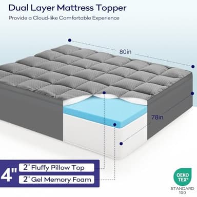 OLANLY Dual-Layer 4 Inch King Size Memory Foam Mattress Topper for Back Pain, 2 Inch Cooling Pillow Top Mattress Pad Cover and 2 Inch Gel Memory Foam Topper, Deep Elastic Pocket, Grey - Image 2