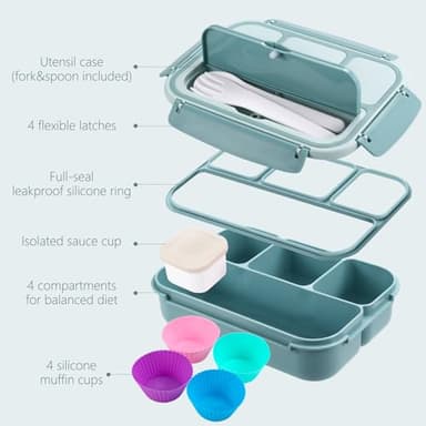 Bento Box Adult Lunch Box for Men Women, Bento Lunch Box for Kids Boys Girls School, Lunch Containers for Adults with 4 Compartments, Utensil Set, Sauce Container, Muffin Cup, Green - Image 2