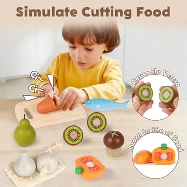 Lehoo Castle Wooden Play Food Sets for Kids Kitchen, Food Toys for Toddlers 3+ Year Old, Pretend Food Play Kitchen Accessories, Cutting Fruits Vegetables Toys, Gift for Boys Girls - Image 3