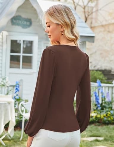 Womens Shirts Long Sleeve Winter Tops Casual Office Work Blouse Vintage Ruched Top Coffee XL - Image 4