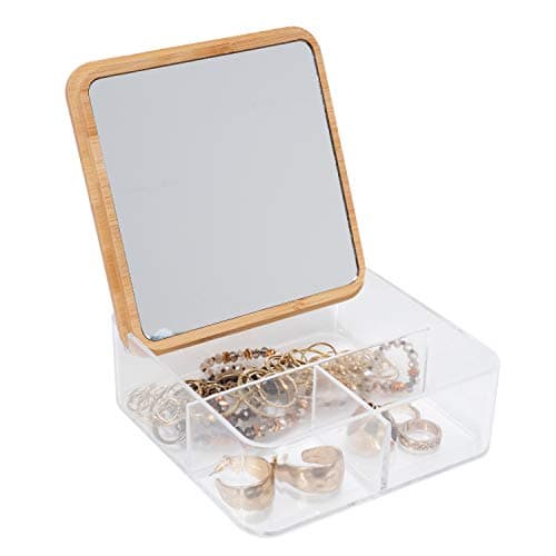 Simplify 3 Compartment Organizer with Bamboo Lid | Mirror | Perfect for Jewelry | Cosmetics | Accessories | Vanity & Countertop | Keepsake Storage Box | Clear - Image 1