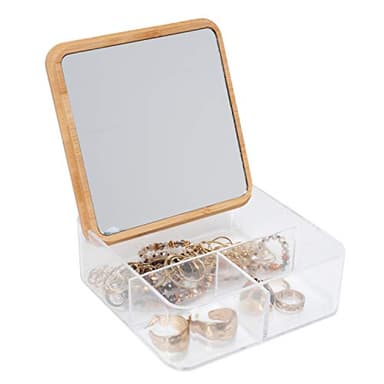Simplify 3 Compartment Organizer with Bamboo Lid | Mirror | Perfect for Jewelry | Cosmetics | Accessories | Vanity & Countertop | Keepsake Storage Box | Clear - Image 1