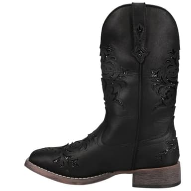 ROPER Womens Kennedy Glitter Tooled Inlay Square Toe Casual Boots Mid Calf Low Heel 1-2" - Black - Size 7.5 B - Image 3