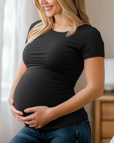 Huukeay 4 Pack Women's Maternity Shirts, Crew Neck Maternity Top Short Sleeve Casual Cotton Tee Side Ruched Pregnancy Clothes(Black, White, Coffee, Army Green,Large) - Image 3