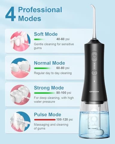 Operan Water Flosser for Teeth Cleaning Upgraded 300ml Cordless Water Dental Flossers Rechargeable Oral Irrigator with 4 Modes 4 Jet Tips IPX7 Waterproof Water Floss for Home Travel (Black)+1Pack - Image 2