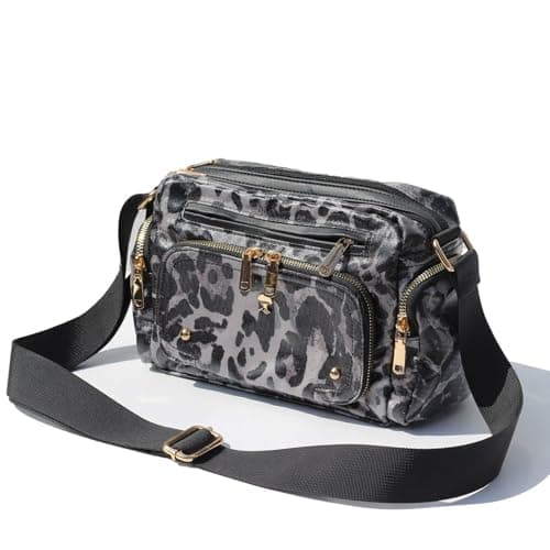 Women Fashion Tote Crossbody Handbags for Women Multi Pockets Shoulder Bag Nylon Travel Purse (Black Leopard) - Image 1