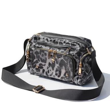 Women Fashion Tote Crossbody Handbags for Women Multi Pockets Shoulder Bag Nylon Travel Purse (Black Leopard) - Image 1