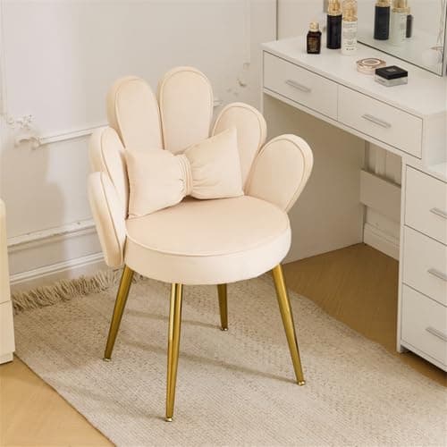 VINGLI Petal Makeup Vanity Chair with Back,Flower Cute Girls Desk Chair Comfy No Wheels,Modern Dining Chair,Small Accent Chair with Adustable Gold Legs&Bow Pillow for Home Office,Bedroom,Velvet,Beige - Image 1