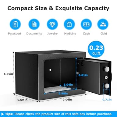 Bonsaii Safe Box with Electronic Keypad, Steel Security Lock Box with Key, 0.23 Cubic Feet, 9.06" W x 6.69" D x 6.69" H, Small Hidden Safe for Cash Jewelry - Image 3