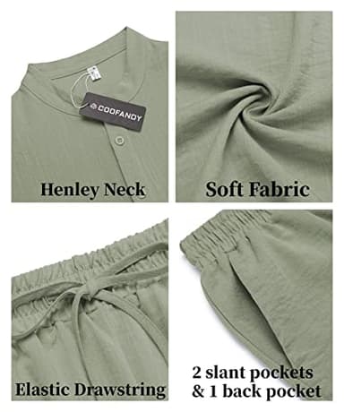 COOFANDY Men's 2 Pieces Linen Set Casual Henley Shirts Short Sleeve Beach Yoga Shorts Summer Pants Outfits - Image 5