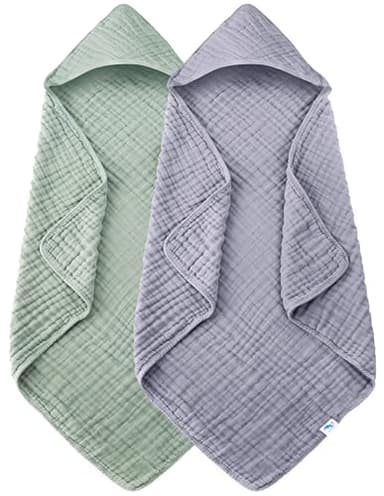 SWEET DOLPHIN Muslin Hooded Baby Bath Towels - 2 Pack 100% Cotton Towel for Babies, Infants, Toddlers - 32x32Inch - Highly Absorbent and Newborn Essential, Green and Grey - Image 1