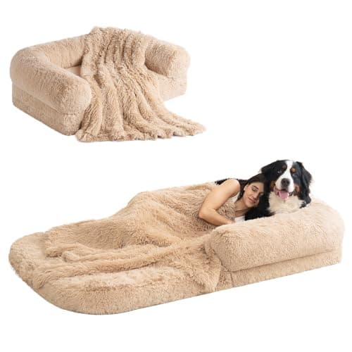 EHEYCIGA Foldable Human Dog Bed, 72"x44"x11" Orthopedic Memory Foam Human Sized Dog Bed, Waterproof Pet Bed for People, Faux Fur Pet Couch for Adult with Non-Slip Bottom, Camel - Image 1