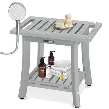 KingPavonini HDPS Shower Benches for Inside Shower to Sit on, Waterproof Shower Stool for Shaving Legs, Heavy Duty 400LBS Shower Seat with Storage Shelf, Shower Chair for Bathroom/Indoor/Outdoor Use - Image 1
