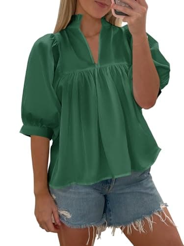 Cicy Bell Womens Puff Sleeve V Neck Blouse Babydoll Peplum Tops Dressy Casual Pleated Loose Fit Shirts Dark Green - Image 4