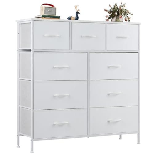 OLIXIS Dresser for Bedroom, 9 Storage Drawers, Wide Fabric Closet Chests Organizer Tower Furniture, TV Stand with Wooden Top Metal Frame for Clothes, Living Room, Hallway, Entryway, Classic White - Image 1