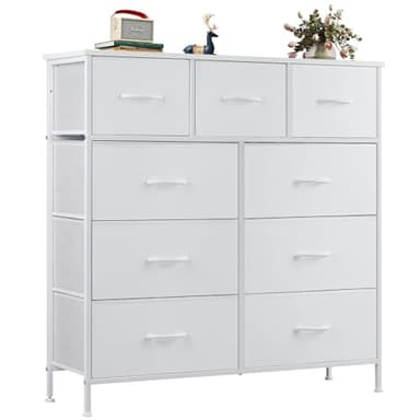 OLIXIS Dresser for Bedroom, 9 Storage Drawers, Wide Fabric Closet Chests Organizer Tower Furniture, TV Stand with Wooden Top Metal Frame for Clothes, Living Room, Hallway, Entryway, Classic White - Image 1