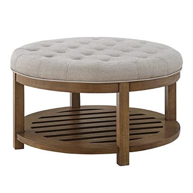 24KF Large Round Upholstered Tufted Linen Ottoman Coffee Table, Large Footrest Ottoman with Wood Shelf Storage-Iinen - Image 3