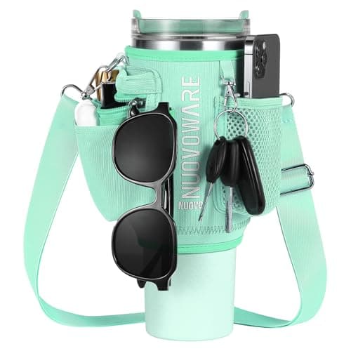 Nuovoware Water Bottle Carrier Bag Fits Stanley Quencher 40OZ, Water Bottle Holder with Strap and Pocket, Neoprene Water Bottle Pouch Sleeve Sling Bag for Hiking Travelling Camping, Mint Green - Image 1