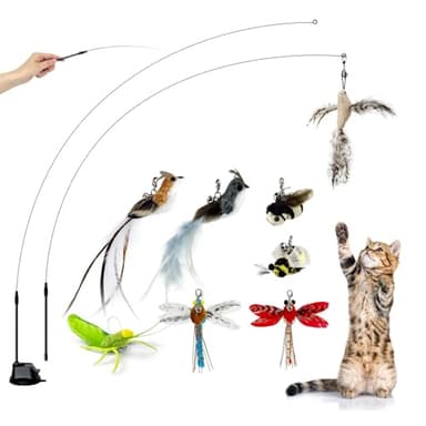 TTcat Cat Feather Toys Suction Cup,2 Cat Wands,8Pcs Birds and Insects Dragonfly Grasshopper Simulation Feather Refills with Bells, Interactive Toys for Indoor Cats and Kitten. - Image 1